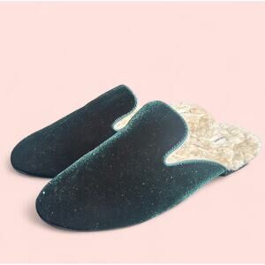 Birdies The Phoebe Emerald Green Velvet Faux Fur Slip On Mules Womens Size 8.5